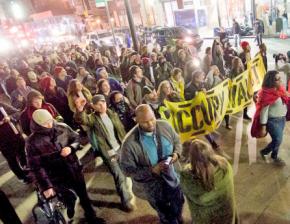 Occupy Wall Street on the march to mark the six-month anniversary of the Zuccotti Park encampment